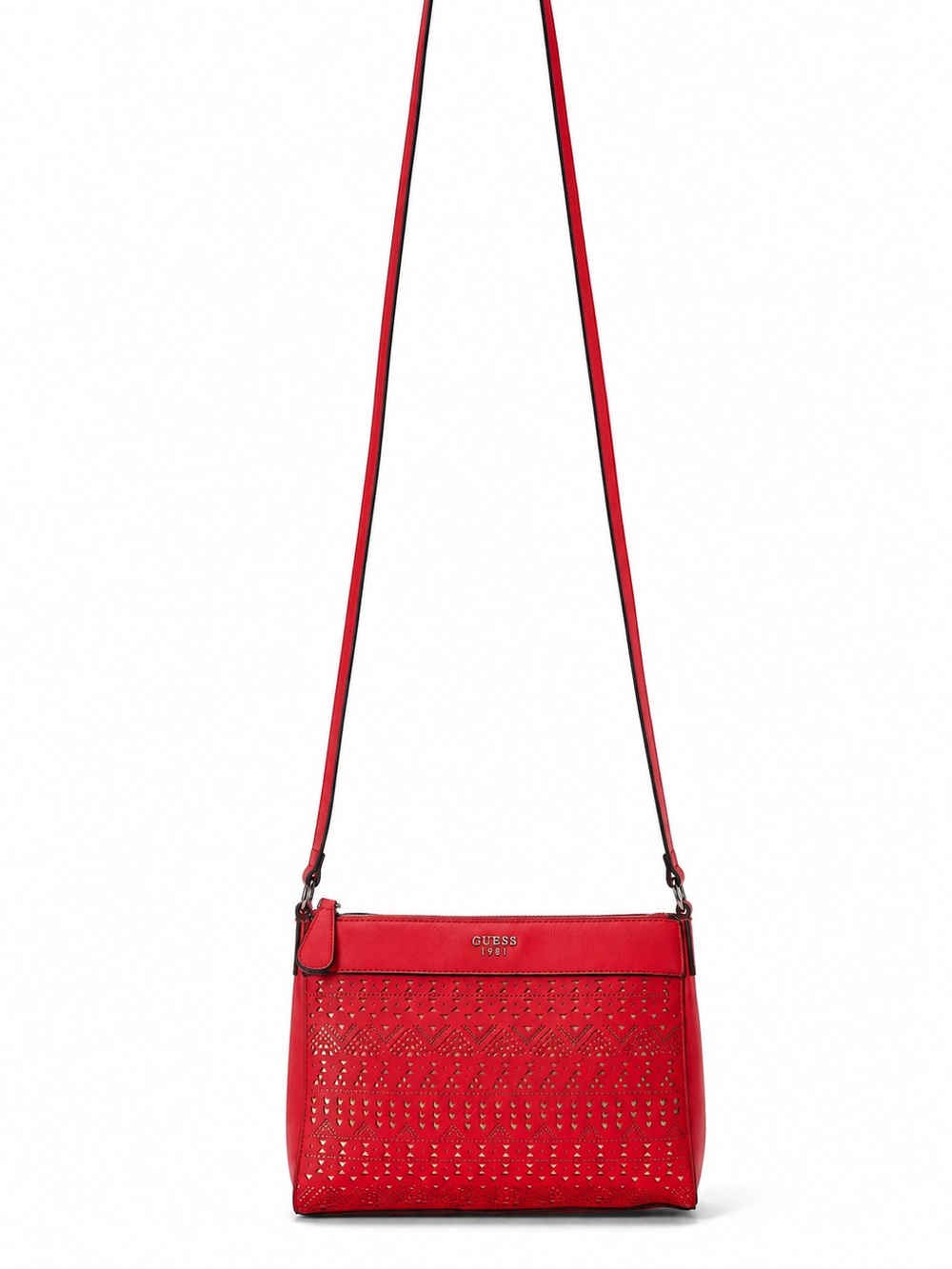 GUESS Red Laser-Cut Crossbody with Stud Detail